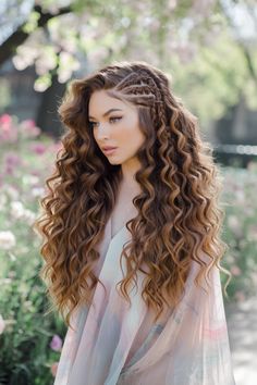 Elevate your look with stunning curly hairstyles featuring braids that flaunt your medium-length hair. This playful combination is perfect for any occasion, from casual outings to school events. Create an easy and pretty style by incorporating some chic braids into your curls for a unique touch. Embrace the glamour of braids and curls this summer! #curlyhairstyles #braids #mediumlengthhair Curly Hair Two Braids, Braids For Wavy Hair, Curly Hairstyles With Braids, Cornrows Ideas, Braids And Curls, Dragon Braid, Wavy Hair With Braid, Sunkissed Hair Brunette, Long Loose Curls