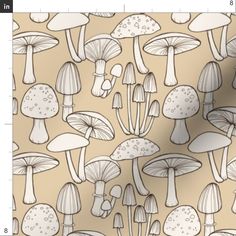 a group of mushrooms on a tan background with black and white outlines in the middle