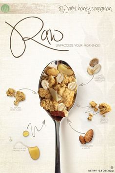 a spoon filled with cereal and nuts on top of a white table next to an advertisement