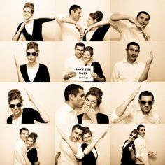 the couple is posing for pictures together in their photobooting outfits and holding each other's arms