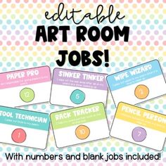 the printable art room jobs are available with numbers and blank jobs included for kids