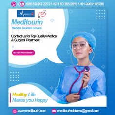 a woman doctor with stethoscope standing in front of a speech bubble that says medica your health is our concern