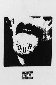 a black and white photo of a person with the words sour on their face