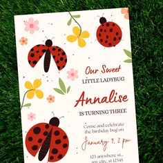 a ladybug birthday party card on some grass