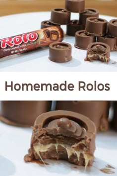 homemade rolo's with chocolate and marshmallows in the middle on a white table