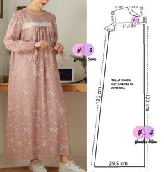 a woman in a pink dress is standing next to a sewing pattern and the measurements for her