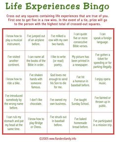 the life experiences bingo game is shown in red and green with white writing on it