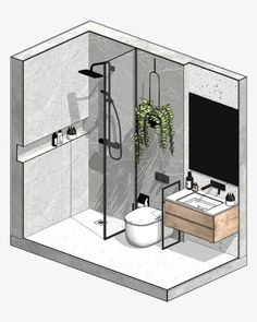 a drawing of a bathroom with a tv and sink in the corner, as well as a shower