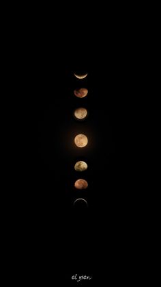 five phases of the moon are shown in this photo, with one half lit up