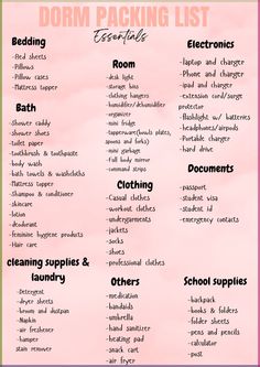 the dorm packing list is shown on a pink background