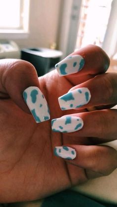 Blue Cow Print Nails, Short Western Nails, Blue Cow Print, Teen Nails