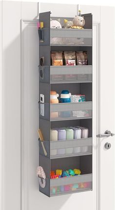 an over the door storage unit with various items on it's sides and shelves