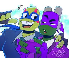 two cartoon characters dressed as teenage mutant ninjas, one in purple and the other in green