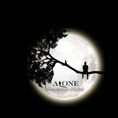 the silhouette of a man sitting on a tree branch in front of a full moon