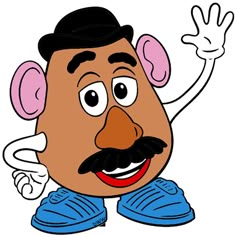 an image of a cartoon man with a mustache and blue shoes on his feet, giving the peace sign