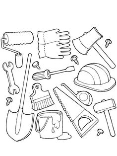 a black and white drawing of tools for the construction worker's workbench