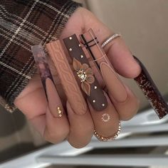 November Nails Fall Acrylic Long, Long Nails Flower Design, Scorpio Nails Acrylic Long, Fall Nail Designs Short Almond Shape, Neutral Medium Nails, November Nails Plaid, Fall Nails Orange And Brown, Long Coffin Fall Nail Designs, Champagne Rhinestone Nails