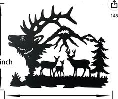 an image of a deer and doe in the woods with pine trees silhouetted on it