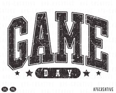 the word game day written in black and white with stars around it on a white background