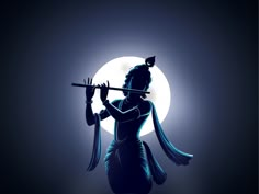 a woman holding a flute standing in front of a full moon with her hands behind her back