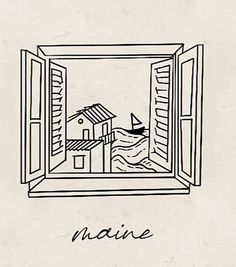 a drawing of an open window with the words maine written in black ink on it