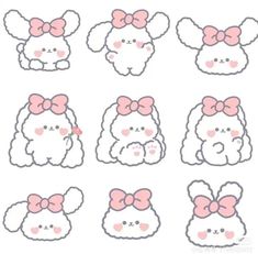 some cute sheep with pink bows on their heads and ears, all in different positions