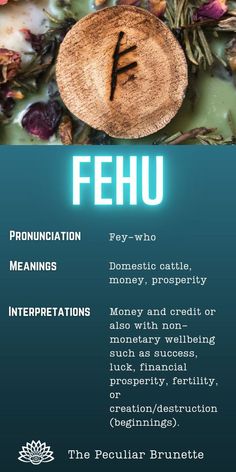 a poster with the words fehu on it and an image of a bowl full of flowers