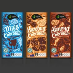 three bags of milk chocolate with different flavors