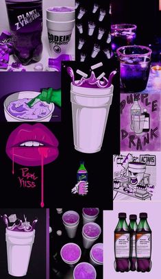 purple and black collage with various items including cups, saucers, and bottles