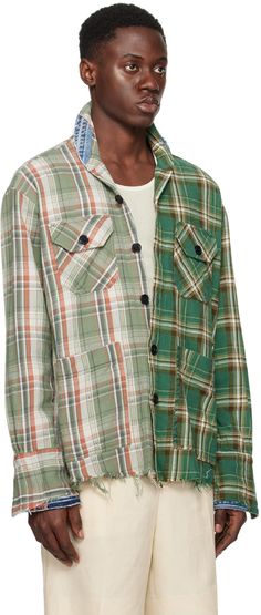 Cotton flannel shirt. Check pattern, fading, and subtle distressing throughout. · Paneled construction · Shawl collar · Button closure · Flap pockets and patch pockets · Topstitching at patch pocket · Frayed edge at tennis-tail hem · Button fastenings at vented cuffs Supplier color: Mixed plaid Patchwork Flannel, Designer Ralph Lauren, Cabin Fever