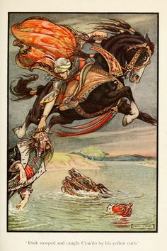 an illustration of a woman riding on the back of a black horse in front of a body of water