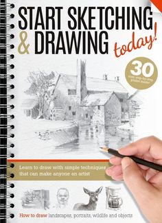 a hand holding a pen and drawing on a spiral notebook with the title, start sketching & drawing today 30 learn to draw with simple techniques that can make anyone an artist