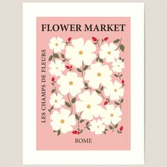 a flower market poster with white flowers and red berries in the center on a pink background