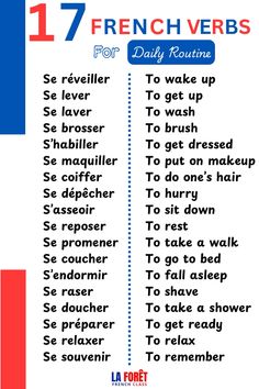 a french poster with the words 17 french verbs for daily routine