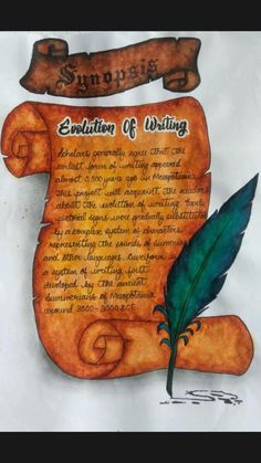 an old scroll with a feather on it and the words solution of writing written below