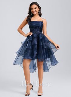 [US$ 134.00] Ball-Gown/Princess Straight Asymmetrical Organza Homecoming Dress With Sequins Appliques Lace Chiffon Homecoming Dress, Dresses For Dances Middle School, Navy Hoco Dresses, Winter Formal Dresses For Teens, Winter Ball Dresses High School, Home Coming Dresses 2024, Middle School Formal Dresses, Prom Coquette, Blue Grad Dresses