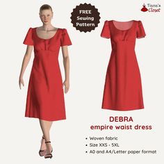 a woman in a red dress is standing next to a sign that says, debra empire waist dress