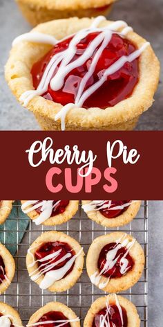 cherry pie cups on a cooling rack with white icing