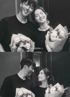 two people holding flowers and smiling at each other's faces in black and white