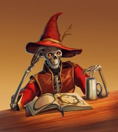 a skeleton dressed as a wizard sitting at a table with an open book in front of it