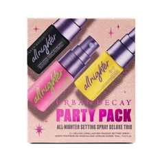 Get the party started with three makeup-locking finishing sprays.| Urban Decay | Party Pack: All-Nighter Setting Spray Trio – Holiday Makeup Set | Shade: All Nighter Setting Spray Deluxe Trio Urban Decay Setting Spray, Makeup Prep, Makeup Spray, Full Coverage Concealer, Makeup Setting Spray, Urban Decay Makeup, Long Lasting Makeup, Waterproof Makeup, Holiday Makeup