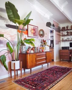 an instagram photo of a living room with plants on the table and other furniture