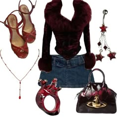 a woman's outfit with red shoes and accessories