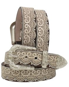 Ladies' Lace Brown Leather Belt with Clear Crystals Please allow 10-14 days to ship Details Brown Leather Tan lace and bead overlay Silver tone studs and clear crystals Brown croc print leather by buckle set Removable silver tone buckle set Adjustable Silver Belt With Rhinestone Rivets, Silver Adjustable Belt With Rhinestone Rivets, Silver Leather Belt, Latte Outfit, Smith And Western, Western Rings, Womens Belt, Crystal Lace, Checkbook Covers