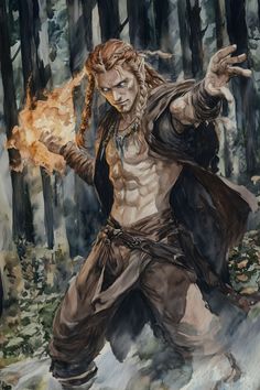 a painting of a man in the woods with fire coming out of his chest and arms