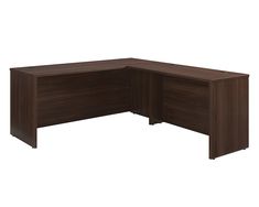 an l - shaped desk with dark wood finish and no privacy panel, viewed from the front