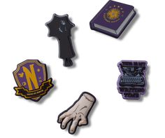 the harry potter pin set is shown in four different shapes and sizes, including one with a book