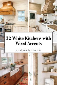 white kitchen with wood accents and open shelving above the sink is featured in this post