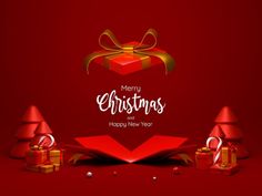 merry christmas and happy new year greeting card with gift boxes, presents and ribbon on red background