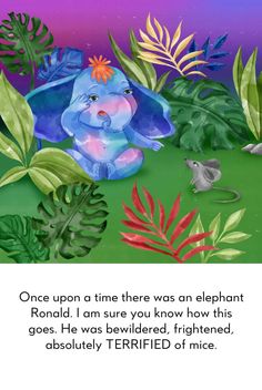 an elephant is sitting in the middle of some plants and leaves, with a caption that